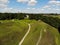 Aerial view of Kernave town with many mounds in Lithuania