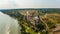 Aerial view of Khotyn medieval castle on the green hill above the river.