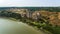 Aerial view of Khotyn medieval castle on the green hill above the river.