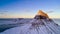 Aerial view of Kirkjufell mountain in winter, Iceland.