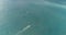 Aerial view of kite surfer in open water, slow motion, blue kite, color graded