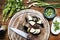 Aerial view of knife with fresh cut organic eggplant vegetable