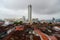 Aerial view KOMTAR building with old heritage house.