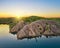 Aerial view of Konduki quarry at sunrise, Russia