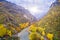 Aerial view of Konitsa bridge and Aoos River an autumn day, Greece