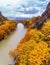 Aerial view of Konitsa old bridge and Aoos River an autumn day,