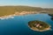 Aerial view of Kosljun monastery with Punat town in the background, Croatia