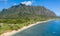 Aerial view of Kualoa regional park with mountains in background