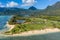 Aerial view of Kualoa regional park with mountains in background