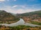 Aerial view of Kura and Aragvi rivers confluence near the old Georgian town Mtskheta.