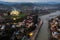 Aerial view of Kutaisi cityscape with Bagrati Cathedral on spring evening