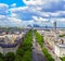 Aerial view of La Defense and a cloudy sky. Cityscape of Paris, France