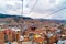 Aerial view of La Paz and Mi Teleferico cable cars carry passengers between the City of El Alto and La Paz in Bolivia