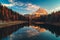 Aerial view of Lago Antorno, Dolomites, Lake mountain landscape with Alps peak , Misurina, Cortina d`Ampezzo, Italy