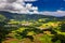 Aerial view of Lagoa das Furnas located on the Azorean island of Sao Miguel, Azores, Portugal. Lake Furnas (Lagoa das Furnas) on