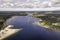 Aerial view of Lagoa de Albufeira, a natural lake meeting the Atlantic Ocean in south Portuguese coastline, Sesimbra Municipality