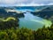 Aerial view of Lagoa Verde and Lagoa Azul - lakes in Sete Cidades volcanic craters on San Miguel island, Portugal.