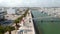 Aerial view of Lagos Algarve streets, drone lowering down to harbor canal, Portugal, day