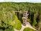 Aerial view of Laju takas, tree-canopy trail complex with a walkway, an information center and observation tower, located in