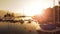 Aerial view of lake boats pier dock at sunset sky