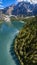 Aerial view of the Lake Braies, Pragser Wildsee is a lake in the Prags Dolomites in South Tyrol, Croda del Becco. Italy