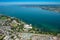 Aerial view of lake constance with Bregenz an lake stage