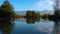 Aerial view. Lake at the edge of the mountains with forest reflected in the clear water. Idyllic autumn landscape.