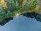 Aerial view of a lake in the forests of Lithuania, wild nature. Rest area, bathing area