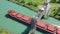 Aerial view of a Lake Freighter travelling in the Welland Canal, Canada 4K