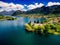 Aerial view of lake Idro near Garda in Italy. Beautiful summer landscape with lake between mountains in Italy