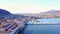 Aerial view of Lake Iseo, Italy. The marina and the lakeshore on a sunny day