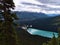 Aerial view of Lake Louise with hotel, Bow Valley and the rugged Rocky Mountains in autumn in Banff National Park, Canada.