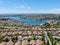 Aerial view of Lake Mission Viejo with private residential and condominium communities. California