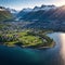 Aerial view lake and mountains range in Norway landscape beautiful scandinavian nature scenery Tromso made