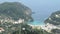 Aerial view from Lakones down to town and bay of Paleokastritsa and Paradise beach at Liapades Corfu Island, Greece.