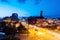 Aerial view of landmarks in Malmo, Sweden at night. Illuminated university