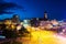 Aerial view of landmarks in Malmo, Sweden at night. Illuminated university