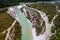 Aerial view of a landscape around a big river in a riverbed in mountain area,