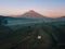 Aerial view of landscape Couple with Terrace rice field of Mount Agung volcano in Bali in Indonesia