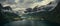 Aerial view of landscape panorama of fjord at Briksdalsbreen glacier in Jostedalsbreen mountains during summer