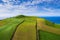 Aerial view of the landscapes on Sao Miguel Island, green farmland and volcanic mountains and lakes, Azores, Portugal