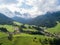 Aerial view of the landscapes of the village Funes in Dolomites mountain range, South Tyrol, Italy