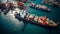 Aerial view of large cargo ship in a bustling harbor, loaded with a colorful array of shipping containers