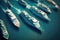 Aerial view of large group of Cruise Ships Sailing On Sea. Generative AI