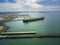 Aerial view of large industrial nautical vessel moored at docks in Williamstown, Melbourne, Australia.