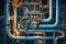 Aerial View of a Large Pipe System, Aerial view of an intricate industrial pipeline system, AI Generated