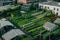 An aerial view of a large urban farm on a big rooftop