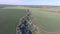 Aerial view with large wheat field and other agricultural crops in spring.