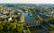 Aerial view of Laval with railway bridge across Mayenne River, France