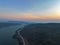 .aerial view light on super highway Along the Lam Takhong Dam at twilight..